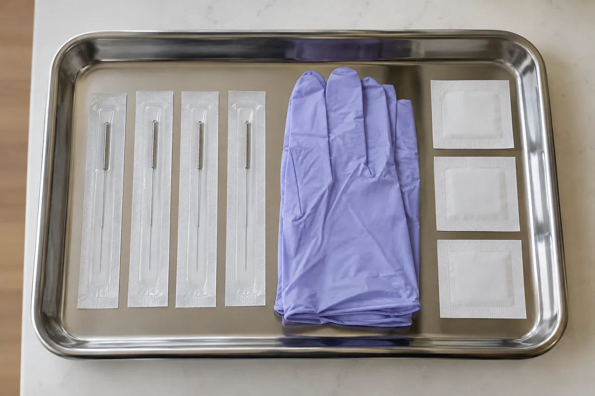 Sterile single-use acupuncture needles, gloves and swabs laid out on a clean tray