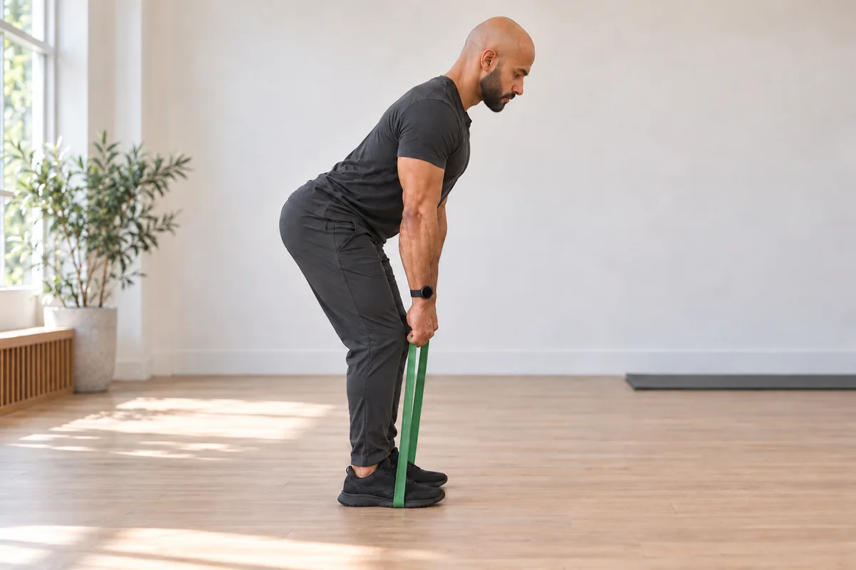 Dr. Clutton demonstrating a hip hinge with a resistance band