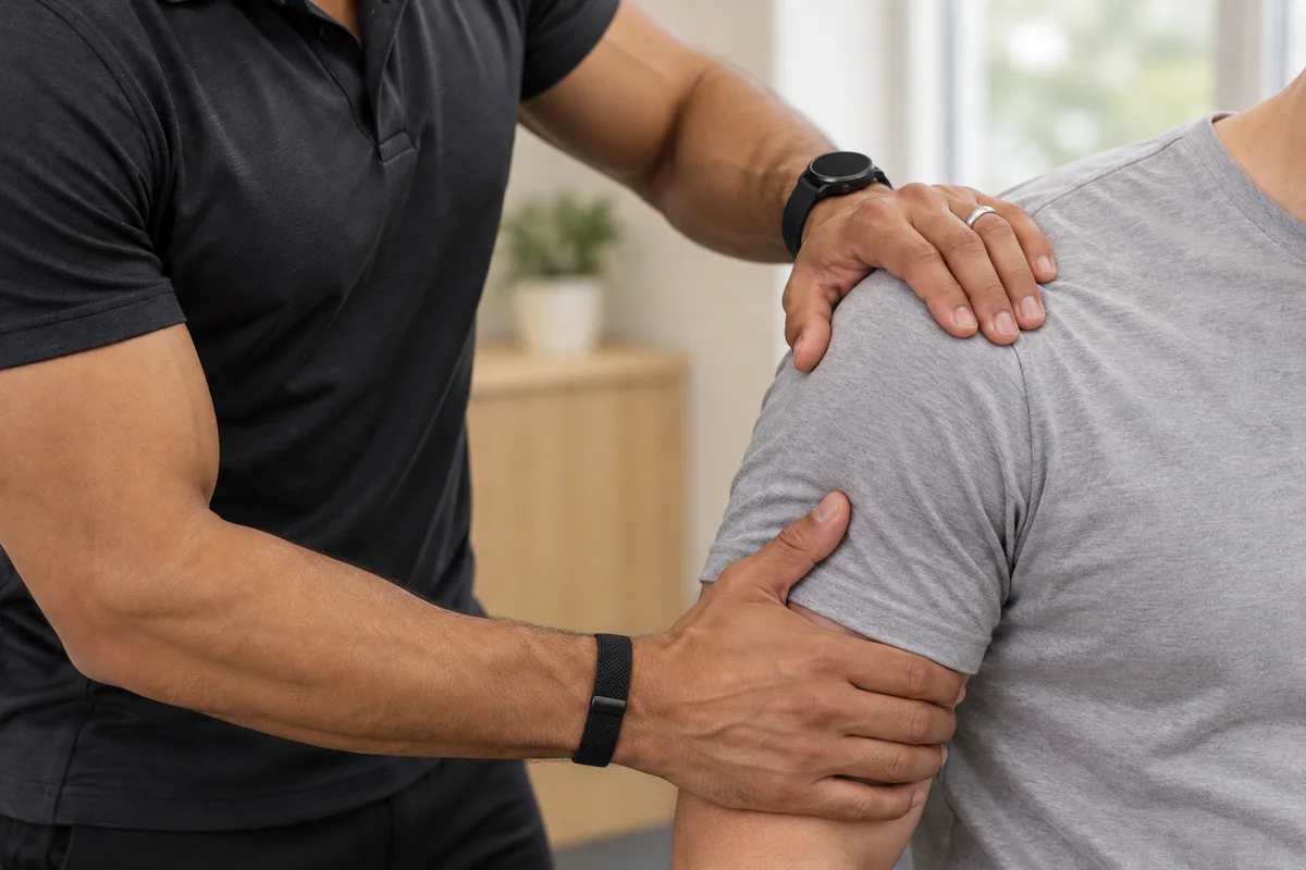 Hands-on soft-tissue work on a person's shoulder