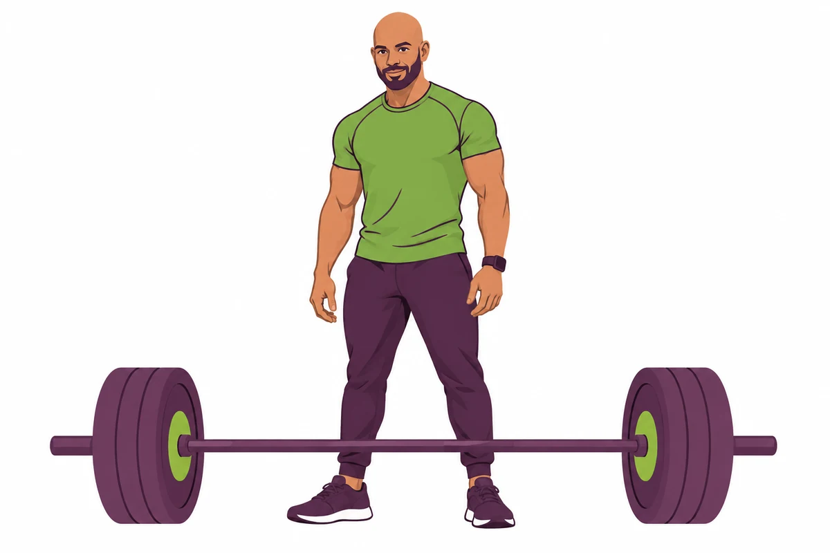 Illustration of a man standing in front of a loaded barbell