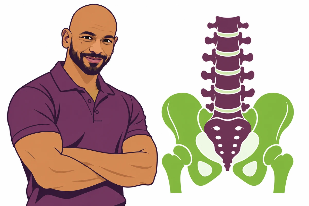 Illustration of a chiropractor with arms crossed beside a diagram of the lower spine and pelvis