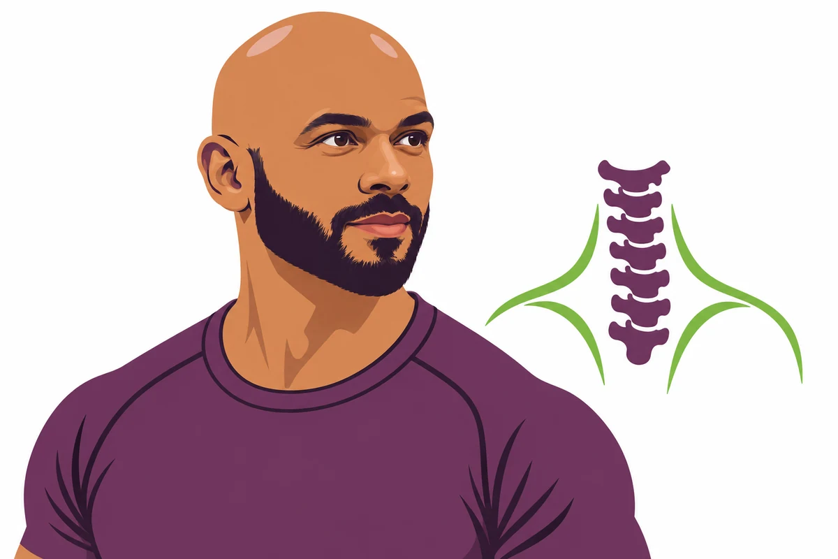 Illustration of a chiropractor beside a diagram of the neck bones and muscles