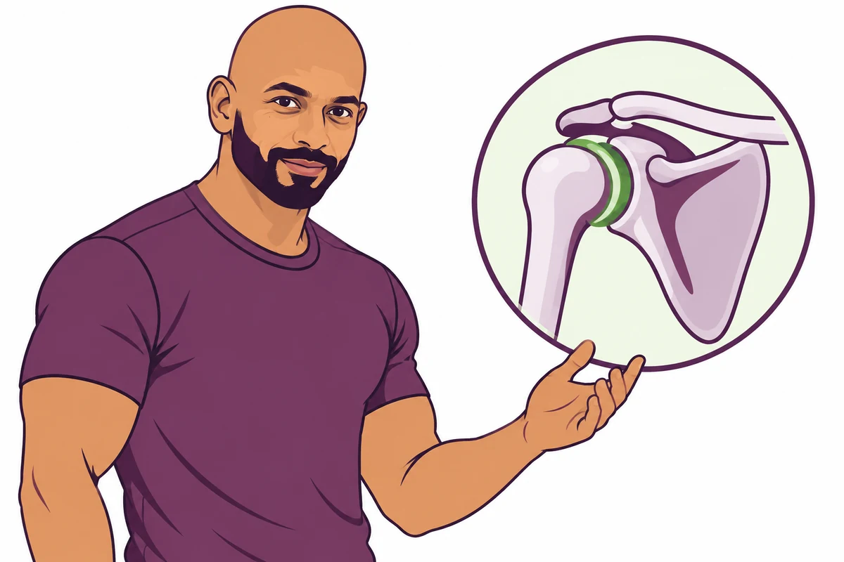 Illustration of a chiropractor presenting a diagram of the shoulder joint